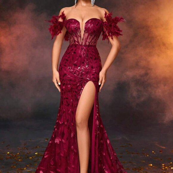 SHEIN Red Feathered Evening Dress - Picture 1 of 4